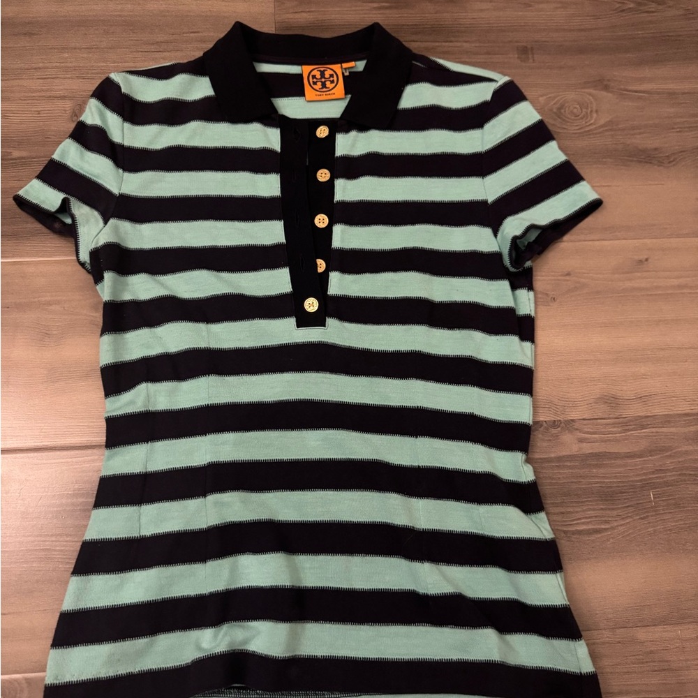 TORY BURCH STRIPPED NAVY BLUE AND MINT COLLARED SHORT SLEEVE SHIRT! SIZE XS!